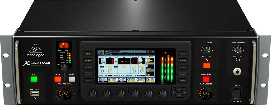 Behringer X32 Rack digital audio workstation with control panel and display on a black background