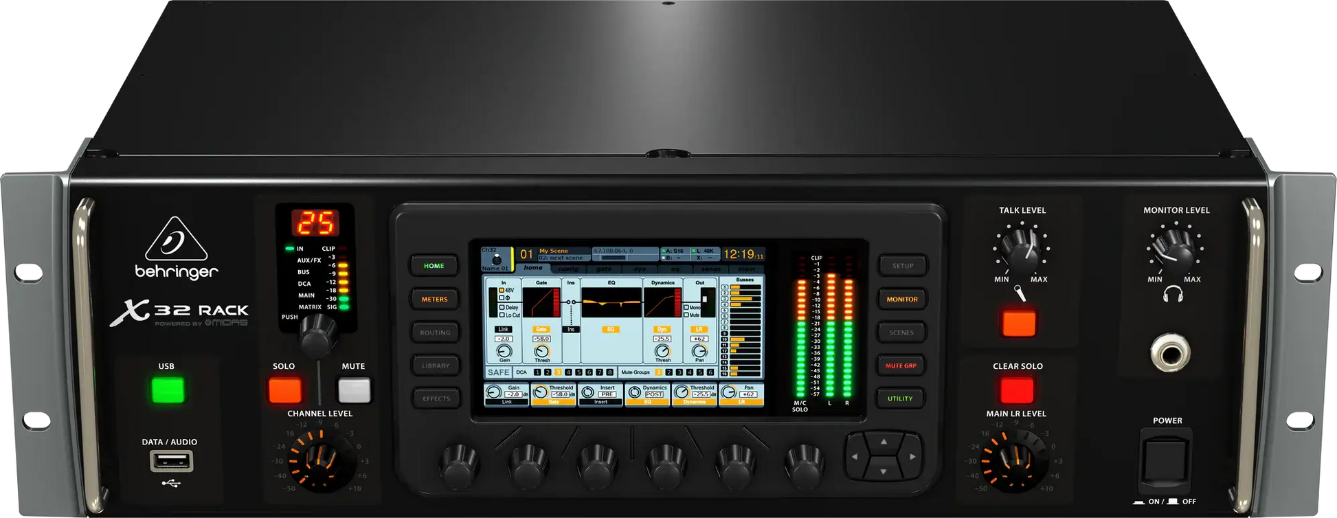 Behringer X32 Rack digital audio workstation with control panel and display on a black background