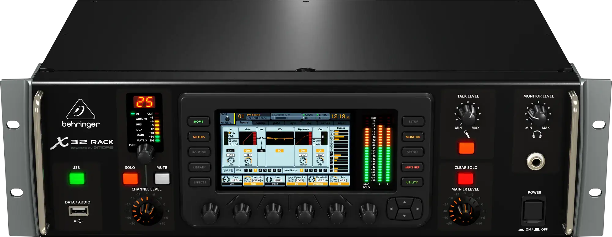 Behringer X32 Rack digital audio workstation with control panel and display on a black background