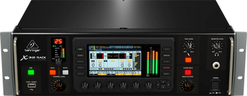 Behringer X32 Rack digital audio workstation with control panel and display on a black background