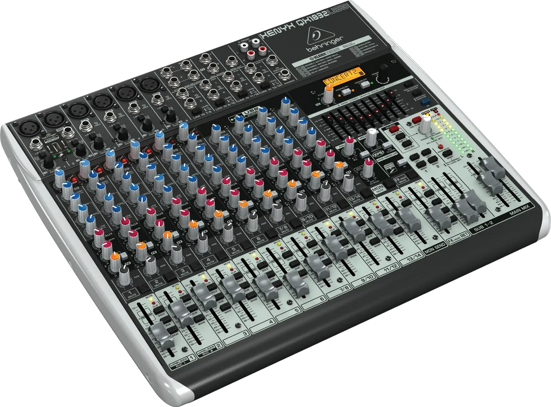 Sound mixing console with various knobs and buttons on a white background