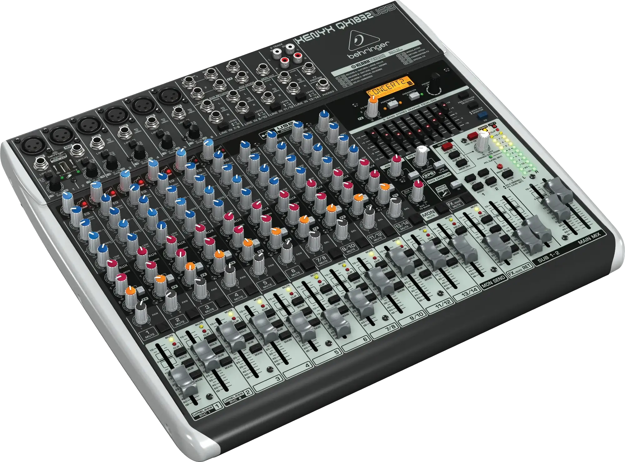 Sound mixing console with various knobs and buttons on a white background
