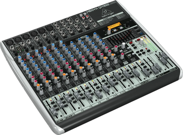 Sound mixing console with various knobs and buttons on a white background