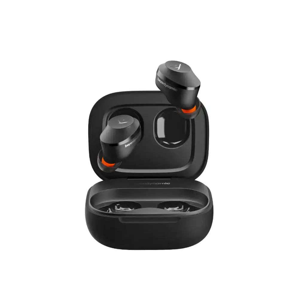 Black wireless earbuds with charging case on a white background
