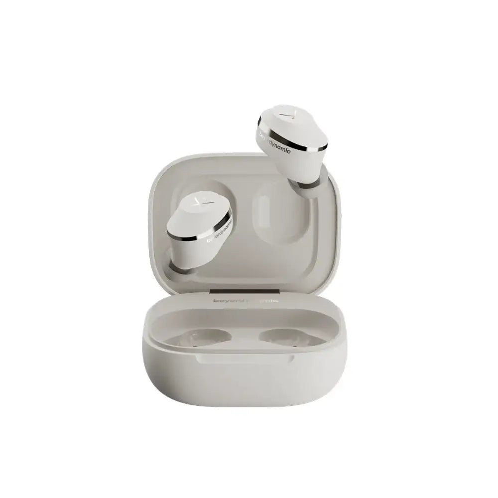 White wireless earbuds with charging case on a white background