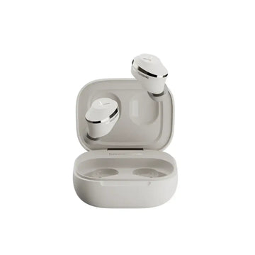 White wireless earbuds with charging case on a white background