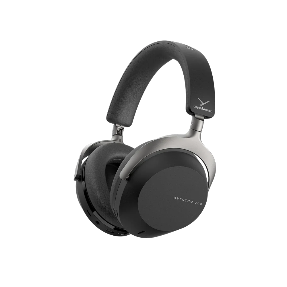 Black over-ear headphones with a brand logo on a white background