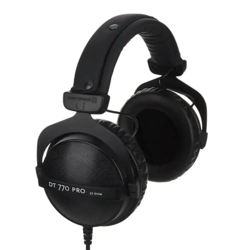 Black headphones with 'DT 770 Pro' text on a white background