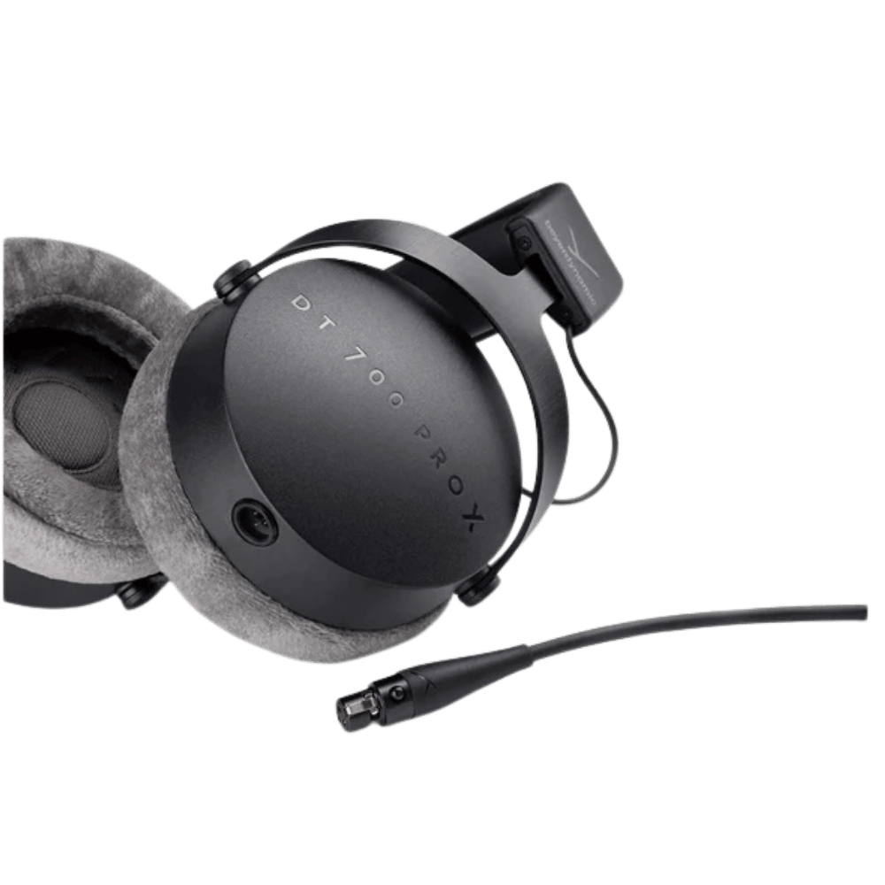 Black headphones with a cable on a transparent background