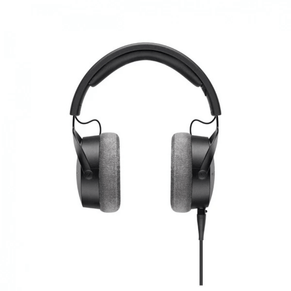 Black headphones with gray ear cushions on a white background