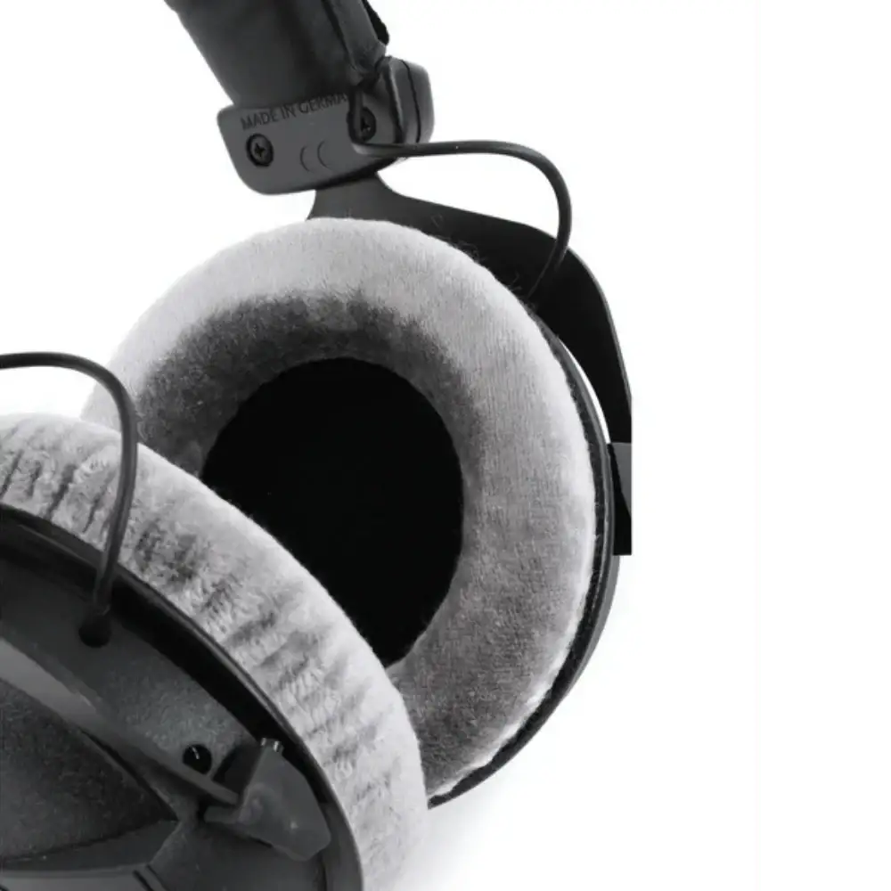Close-up of a pair of Beyerdynamic DT 770 Pro 250 ohm headphone with a white background