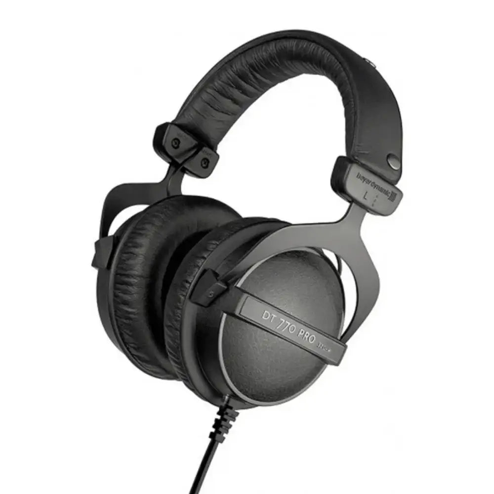 Black headphones with 'DT 770 Pro' text on a white background