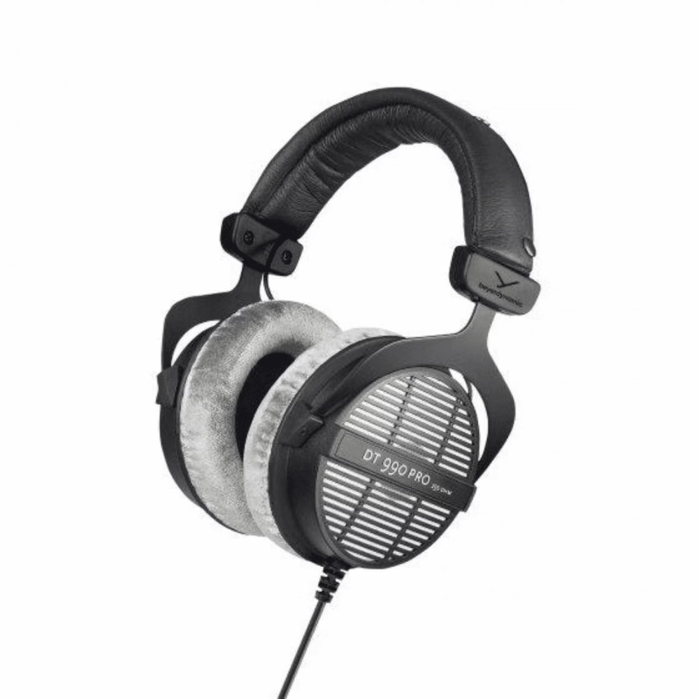 Pair of headphones with 'DT 990 Pro' branding on a white background