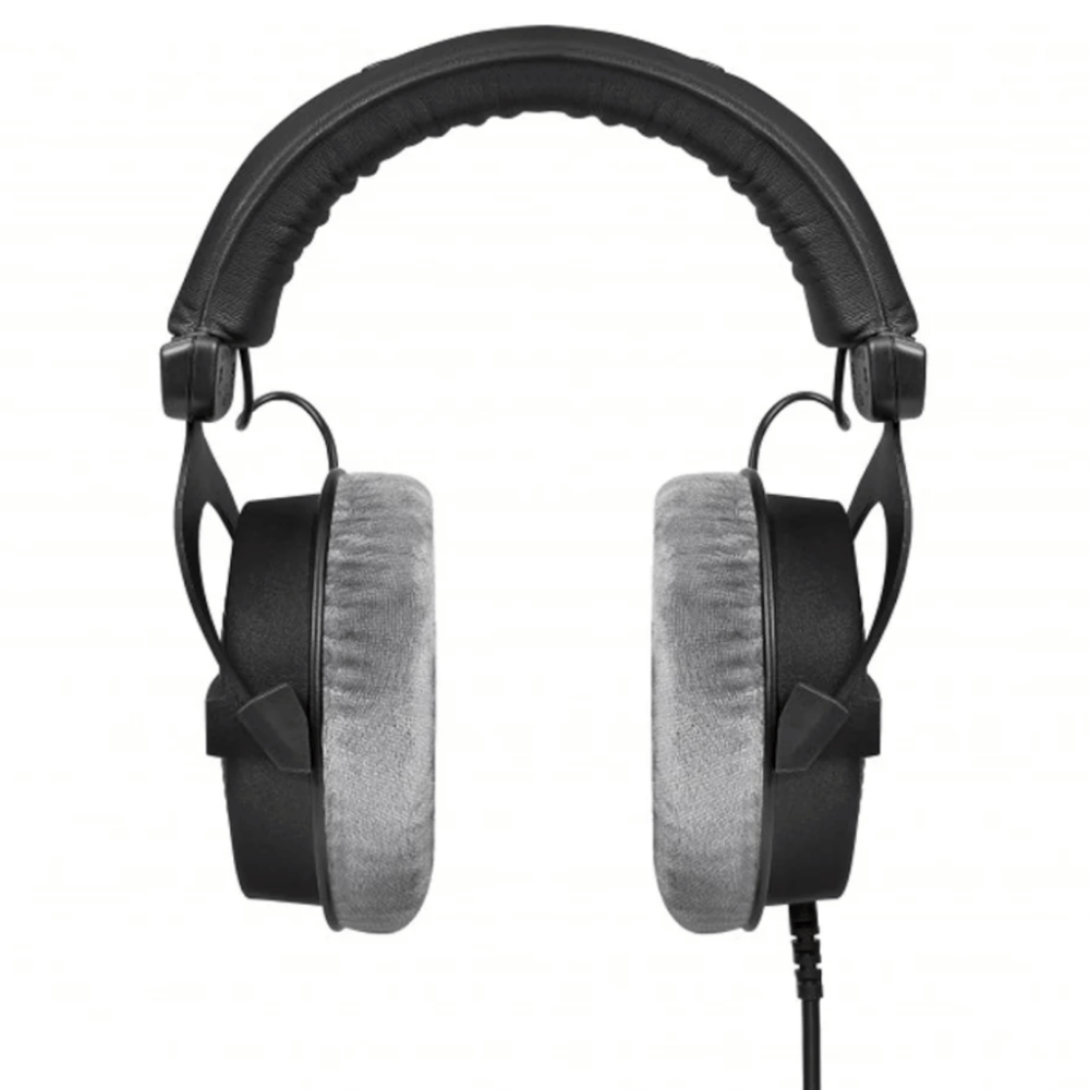 Pair of black and gray headphones on a white background