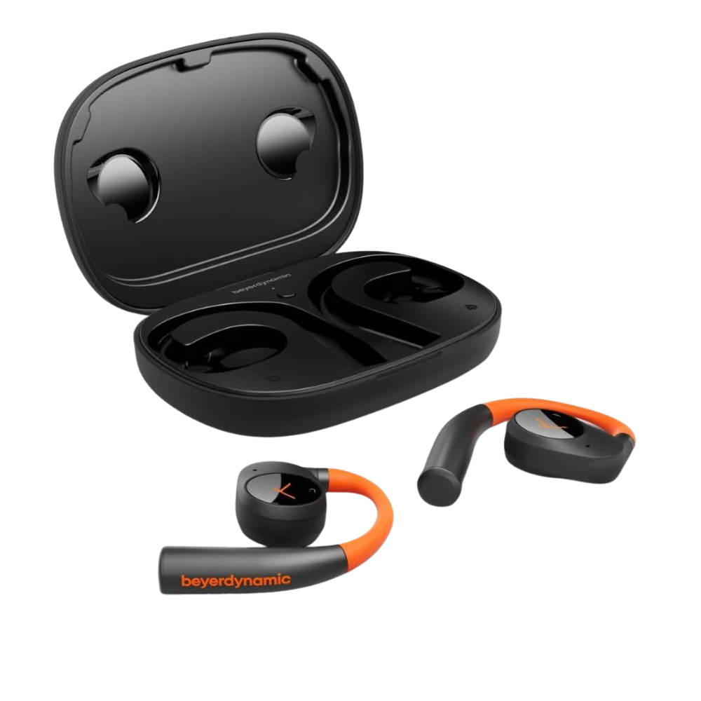 Beyerdynamic wireless earbuds with charging case on a white background