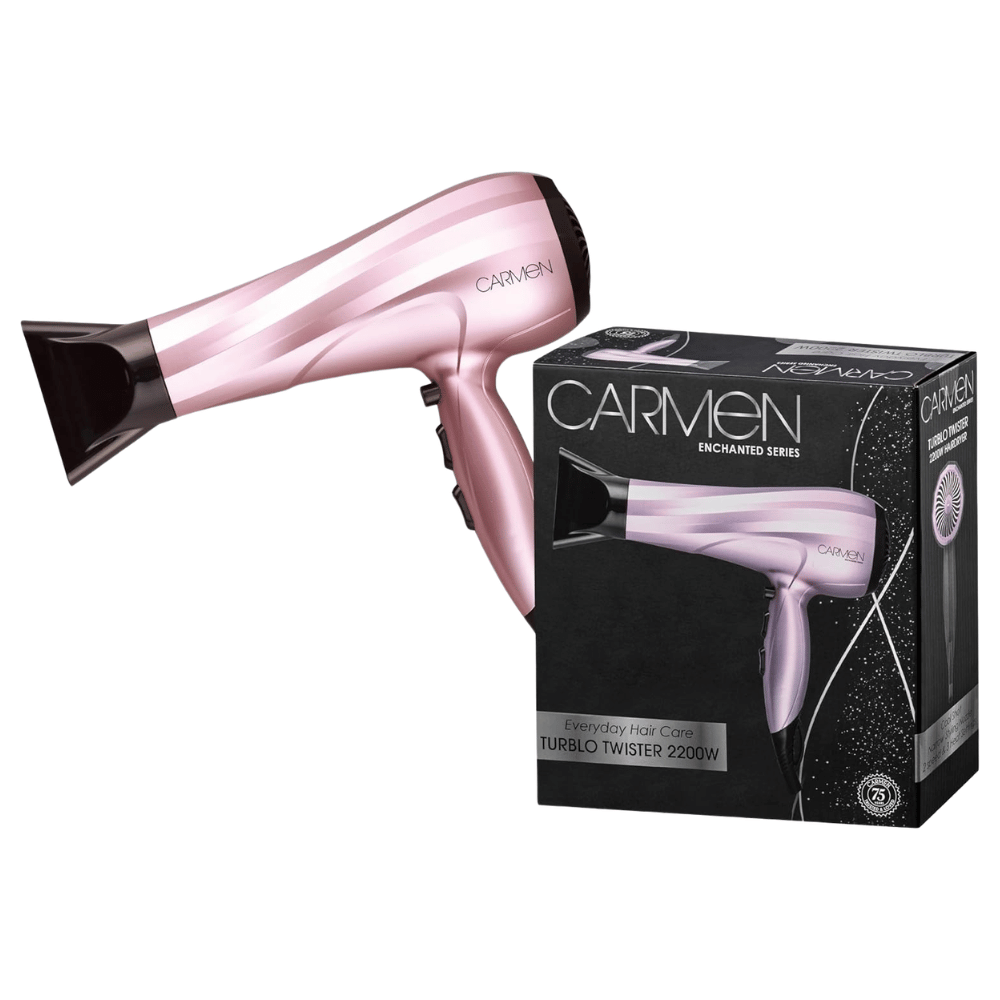 Pink hair dryer with black accents and its packaging on a white background