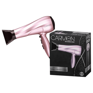 Pink hair dryer with black accents and its packaging on a white background