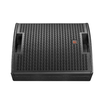 Black speaker with a brand logo on a white background