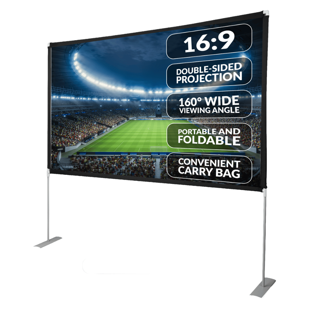 Portable projection screen with features listed on a white background