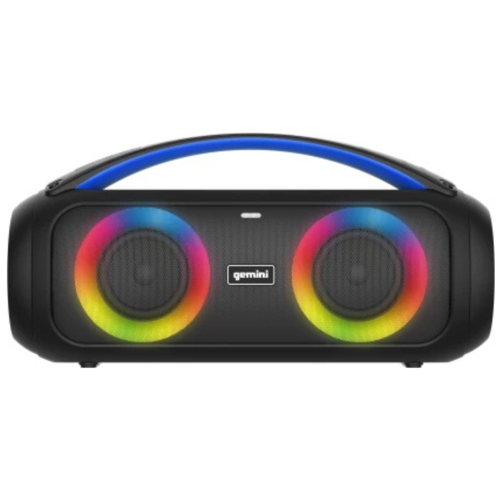 Black portable speaker with rainbow-colored lights on a white background