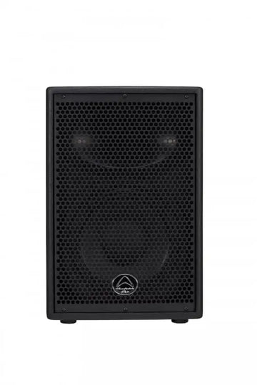 Black speaker with a brand logo on a white background