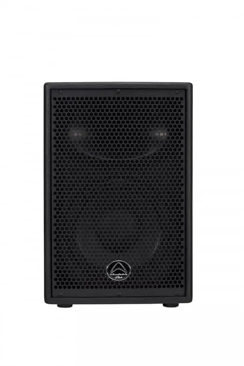 Black speaker with a brand logo on a white background