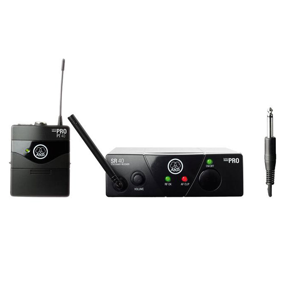 Wireless audio transmitter and receiver with a cable on a white background