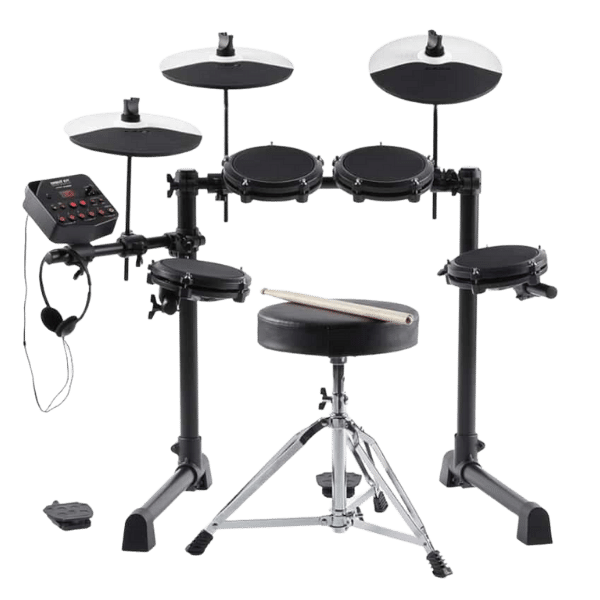 Electronic drum set with drumsticks and stool on a transparent background