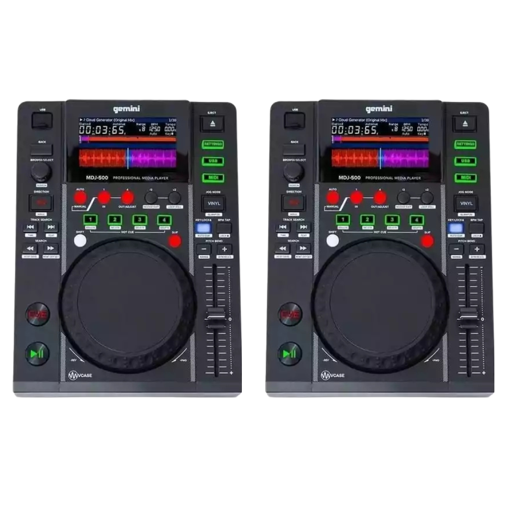 Two Gemini DJ CD players on a white background
