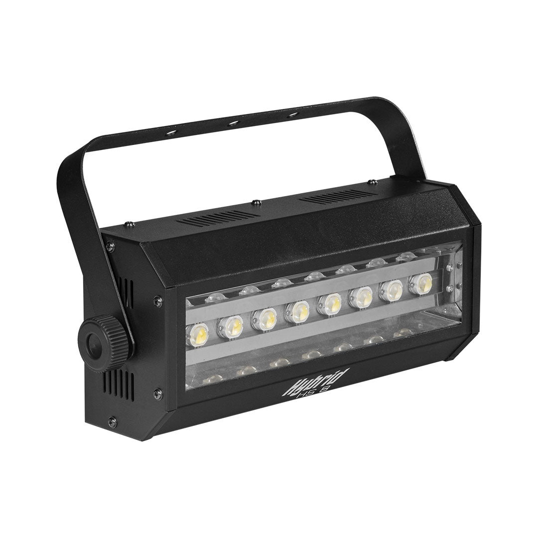 Black LED light fixture with visible brand name on a white background