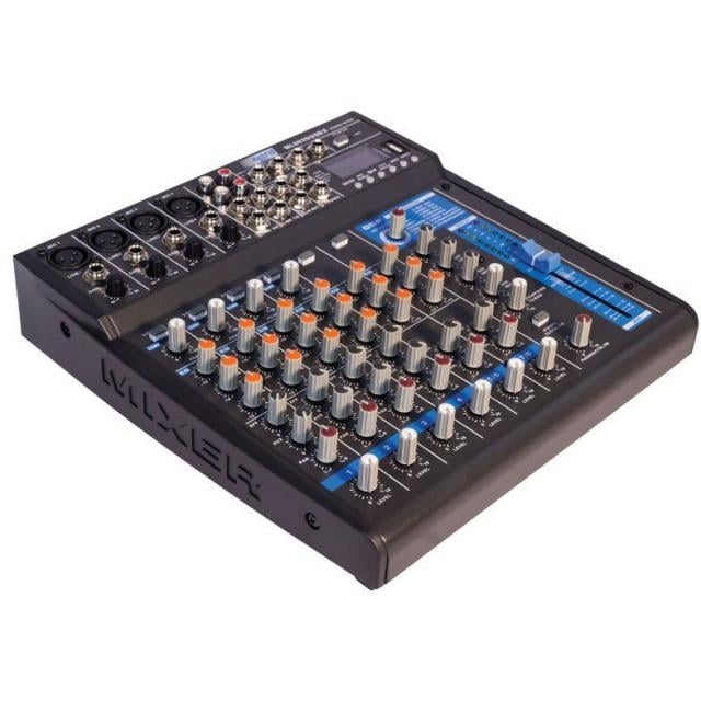 Sound mixing console with control knobs and display on a white background