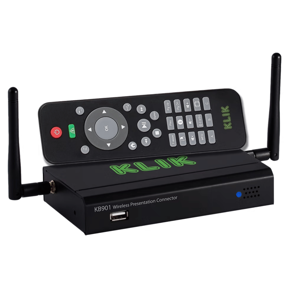 KLIK KB901 Wireless Presentation Connector with remote control on a white background