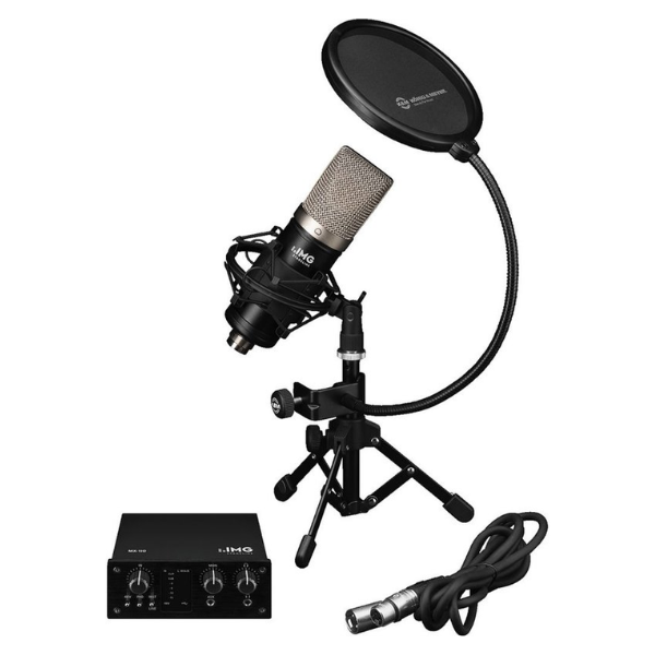 Microphone setup with pop filter, stand, and audio interface on a white background