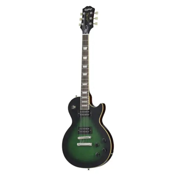 Electric guitar with a green and black finish on a white background