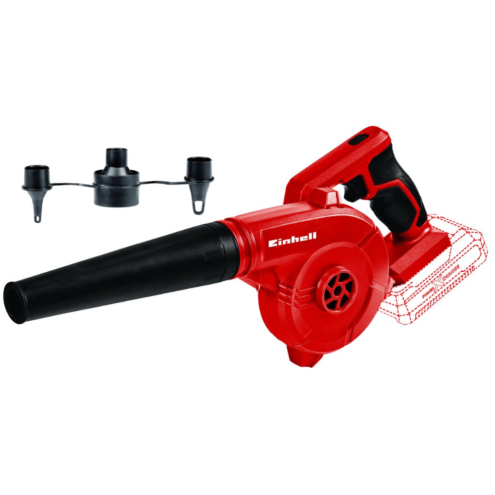 Red and black leaf blower with attachments on a white background