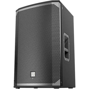 Black speaker with brand logo on a white background