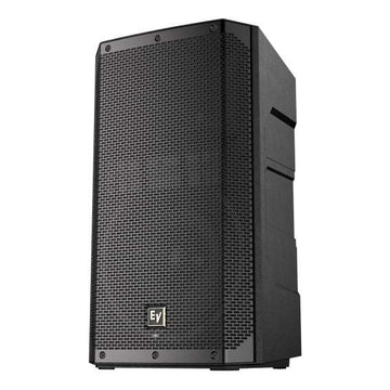 Black speaker with a brand logo on a white background