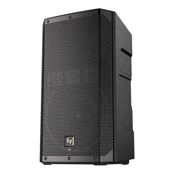 Black speaker with a brand logo on a white background