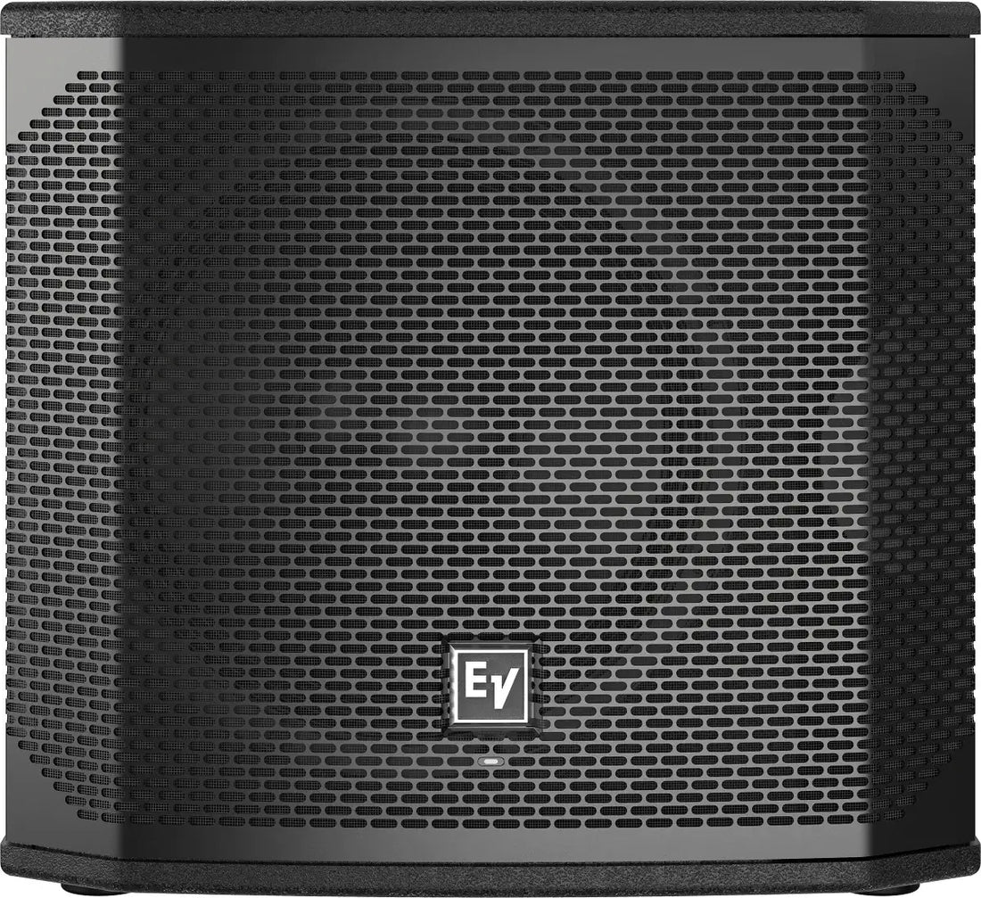 Black speaker with a brand logo on a white background