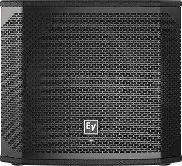 Black speaker with a brand logo on a white background