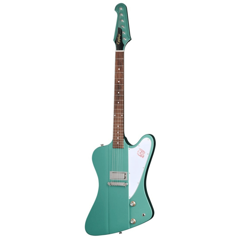 Teal electric guitar on a white background