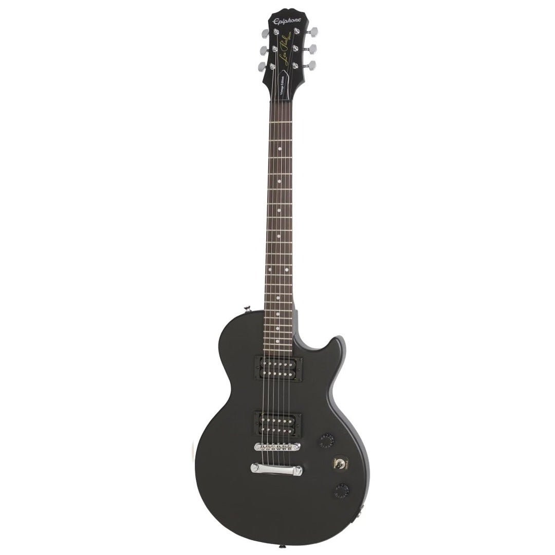 Black electric guitar on a white background