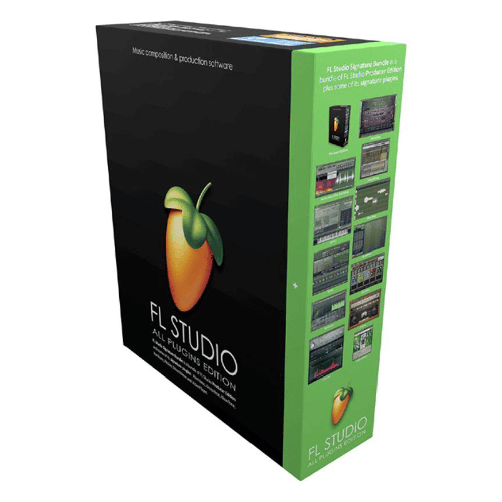 FL Studio software packaging with black and green design on a white background