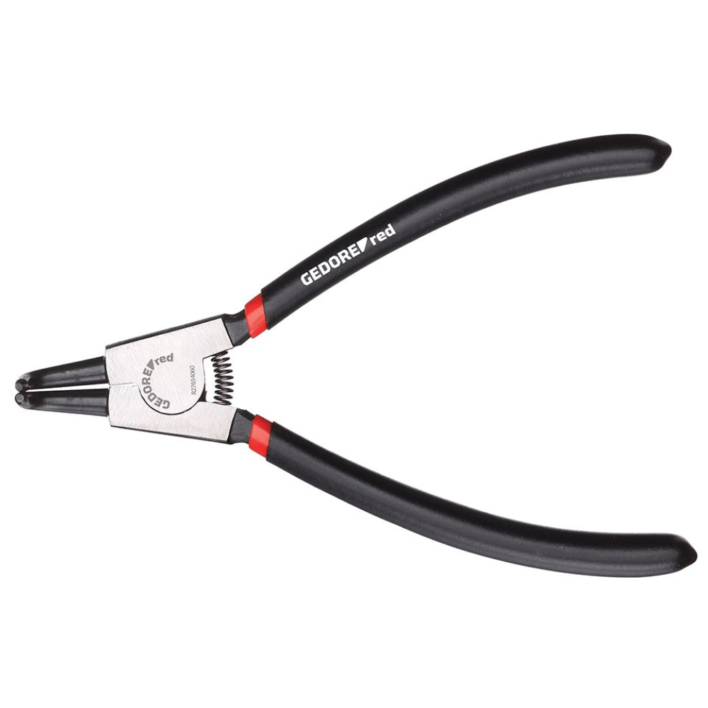 Pair of black pliers with red accents on a white background