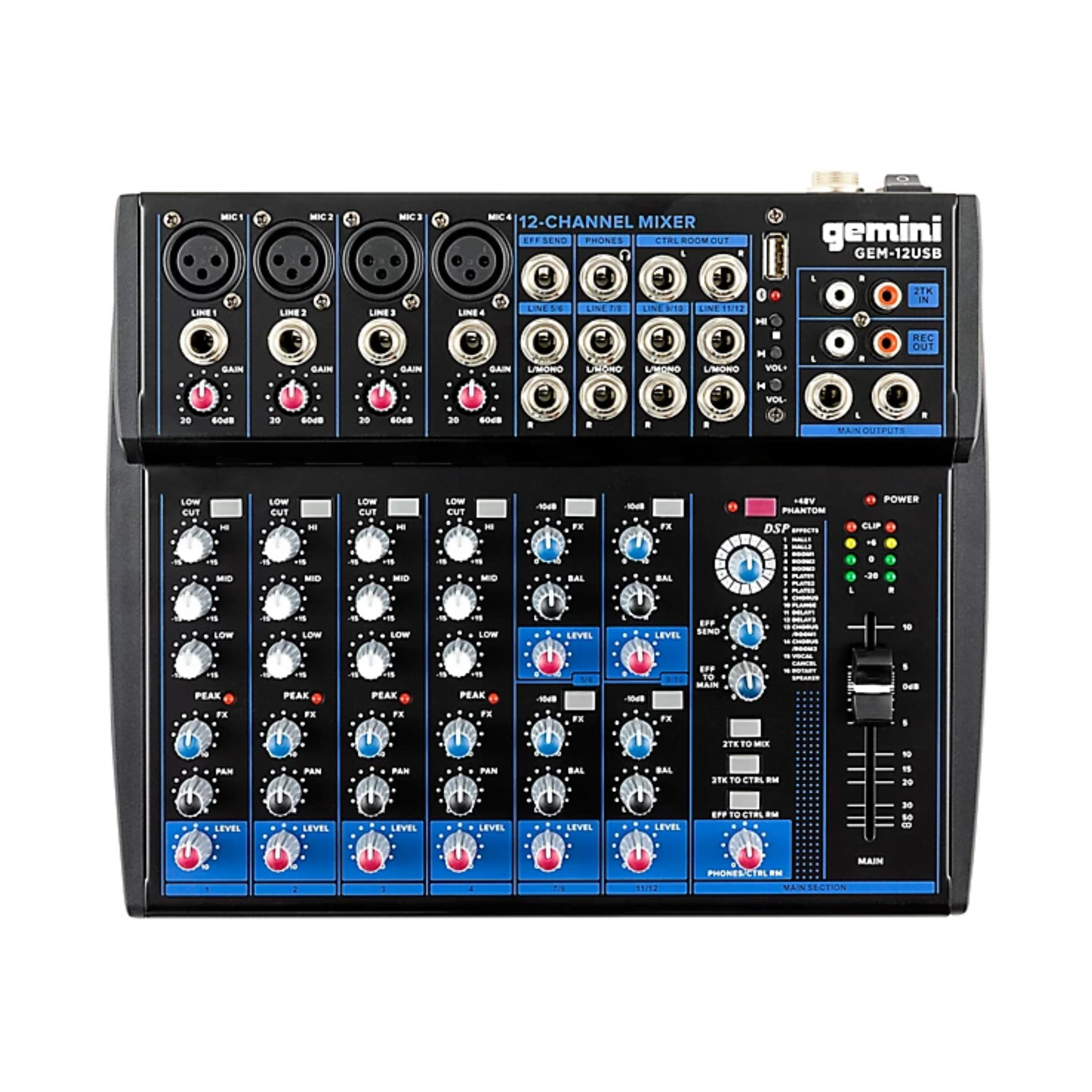 Gemini GEM-12USB 12-Channel USB Mixer for Podcasts With Bluetooth and Effects