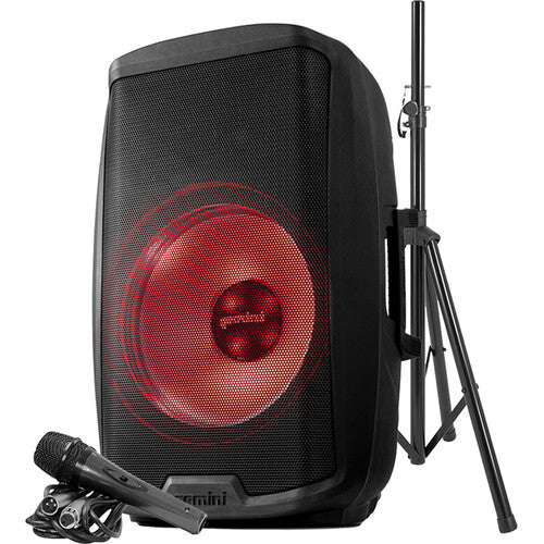 Black speaker with red cone and microphone on a white background