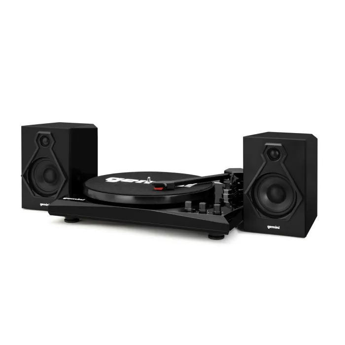 Turntable with speakers on a white background