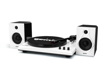 Turntable with speakers on a white background