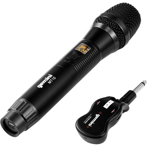 Black wireless microphone transmitter and receiver on a white background
