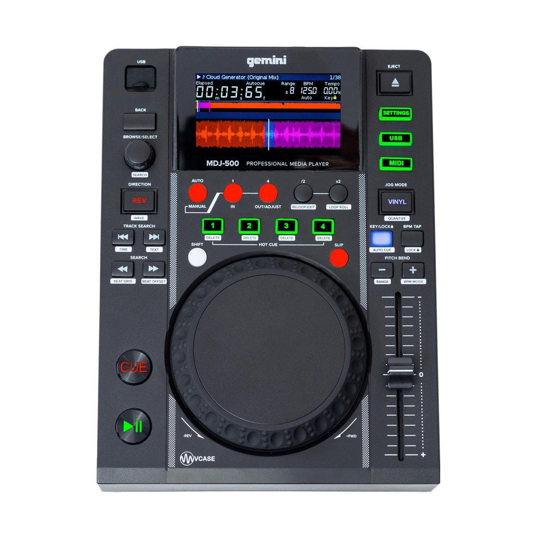 Professional media player with control panel and display on a white background